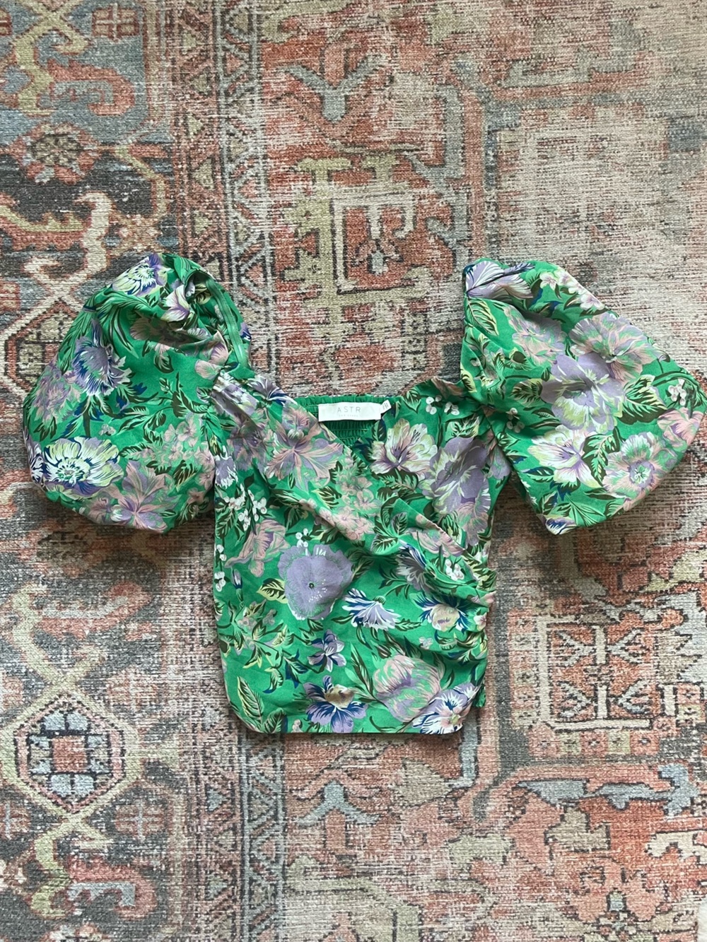 Astr Green Floral Crop Top with Lavender and Pink Blooms